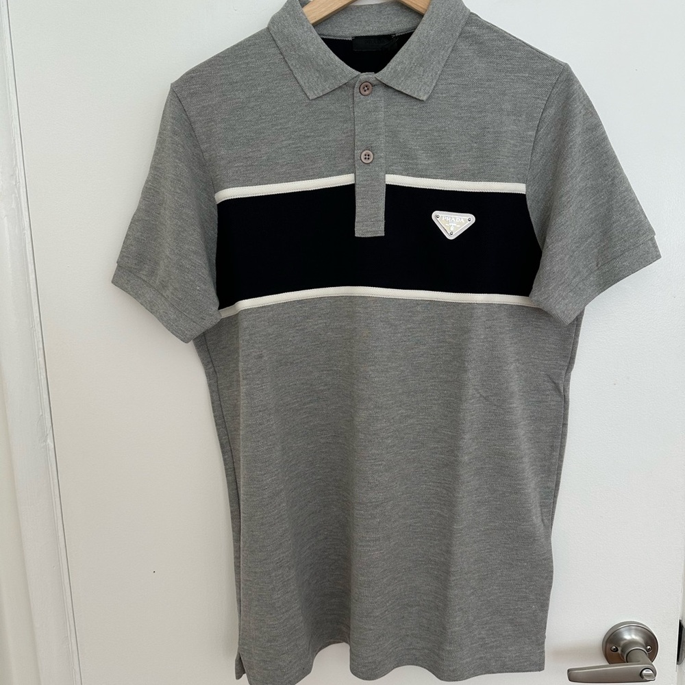 Prada Gray Polo Shirt with Black Stripe